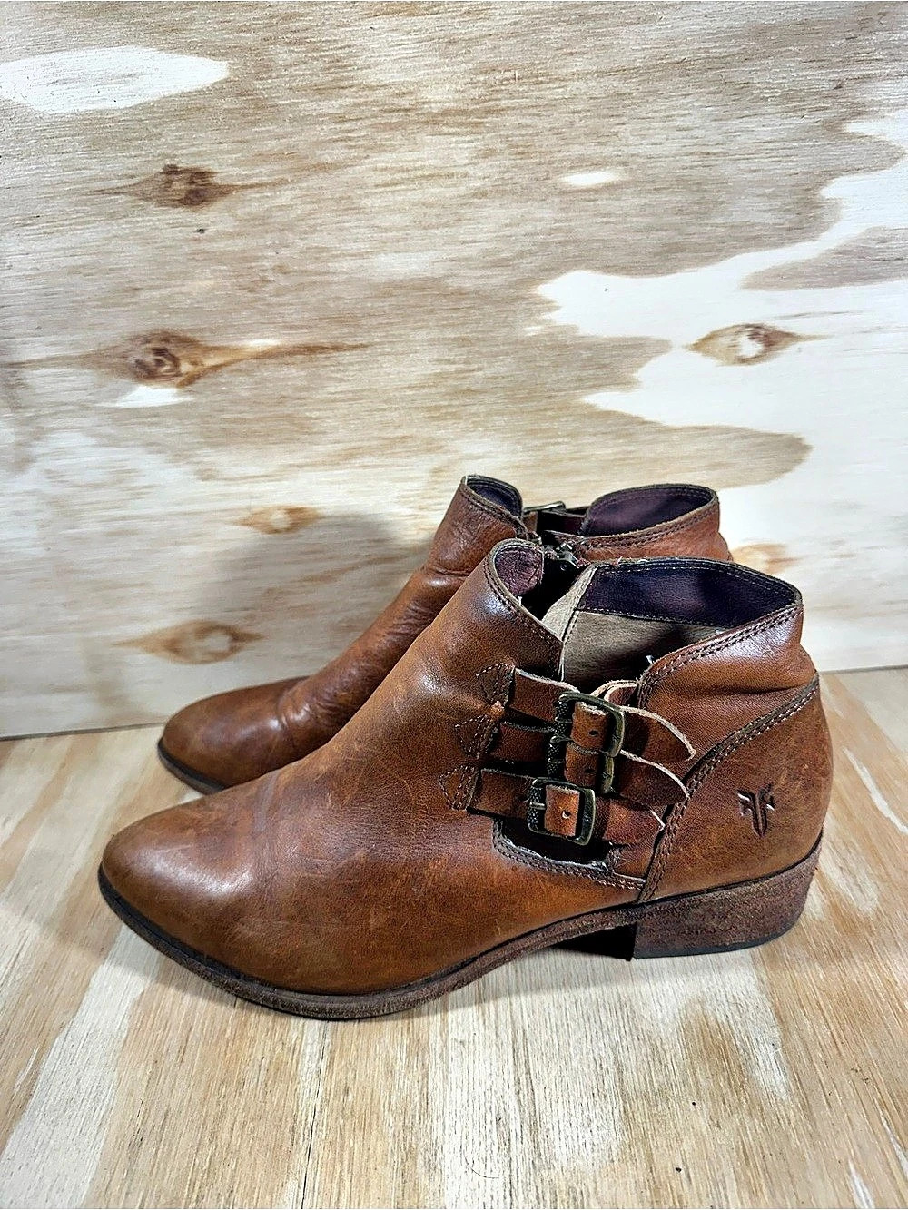 Frye Ray Triple Buckle Moto Brown Ankle Boots Women’s Size 8